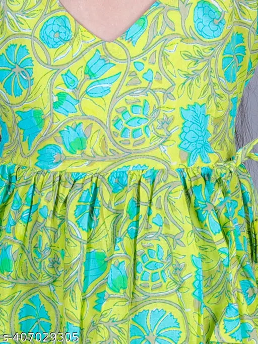 Lime green cotton floral print Anarkali/Flared Kurta & Sharara Set, soft, breathable for all-day comfort for girls aged 2-14. Made with 90% cotton and 10% polyester