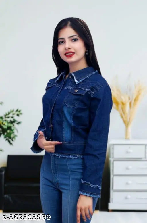 Denim full-sleeve solid women's jacket, high quality, soft and comfortable, S (30in bust, 19in length), M (32in bust, 20in length), L (34in bust, 21in length)