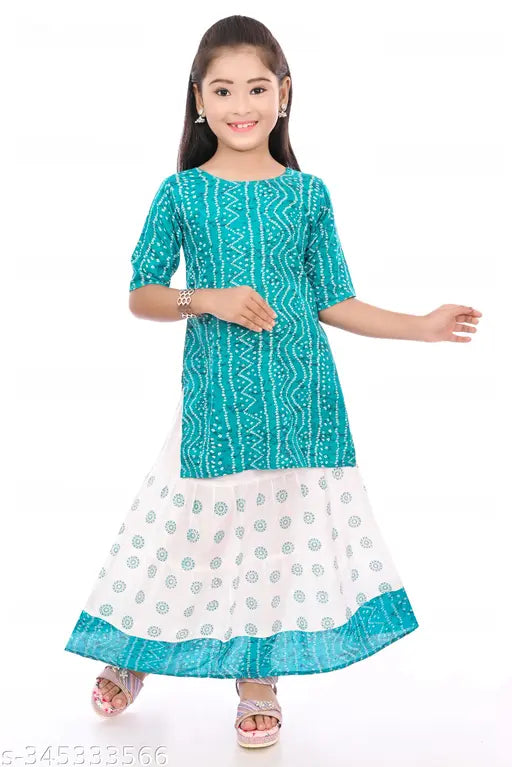 Sea green ethnic Jaipuri printed rayon kurta & skirt set for girls (ages 4-7 years), comfortable and rich for skin, perfect for casual wear at home or office