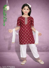 Maroon rayon/rayon/cotton silk kids' party Kurta set with dupatta and bottomwear, featuring intricate designs and long sleeves, perfect for festive occasions in India