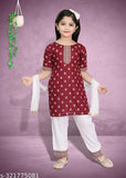 Maroon rayon/rayon/cotton silk kids' party Kurta set with dupatta and bottomwear, featuring intricate designs and long sleeves, perfect for festive occasions in India