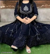 Rayon embroidery work long Anarkali Kurta, vibrant printed Indian fashion with three-quarter sleeves, XL size, bust 44 inches