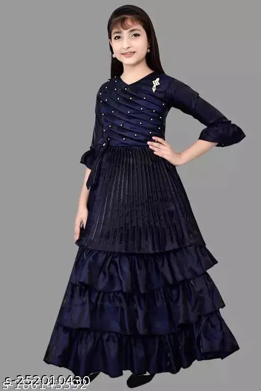 Navy Blue Silk Party Dress for Girls, Embellished Net Detail, 3-12 Years Sizes