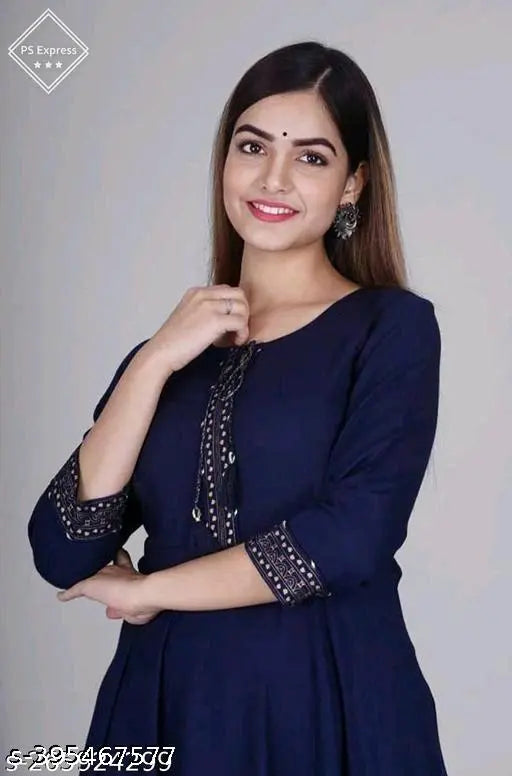 Blue rayon three-quarter sleeve jalebi, solid color traditional Indian clothing