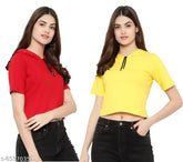Cotton blend long-sleeve solids, #20 CROP COMBO red and yellow t-shirts for sizes S to XL on display rack