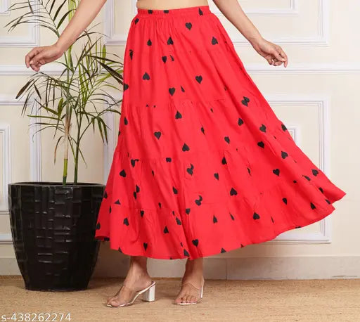 Red love print viscose rayon skirt, vibrant design for women's free size
