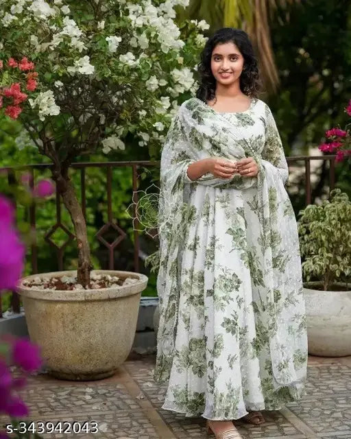 Green Georgette Chikankari Anarkali Kurti Set, printed design on long sleeves, S size with waist: 34 inches, hip: 38 inches, shoulder: 13 inches. Indian women's traditional wear outfit