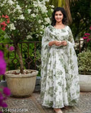 Green Georgette Chikankari Anarkali Kurti Set, printed design on long sleeves, S size with waist: 34 inches, hip: 38 inches, shoulder: 13 inches. Indian women's traditional wear outfit