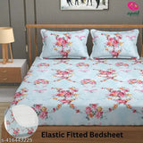 Sky Blue microfiber fitted double elastic bedsheet with two pillow covers, featuring a floral print, ideal for summer use in adult bedrooms. Quality Apala product