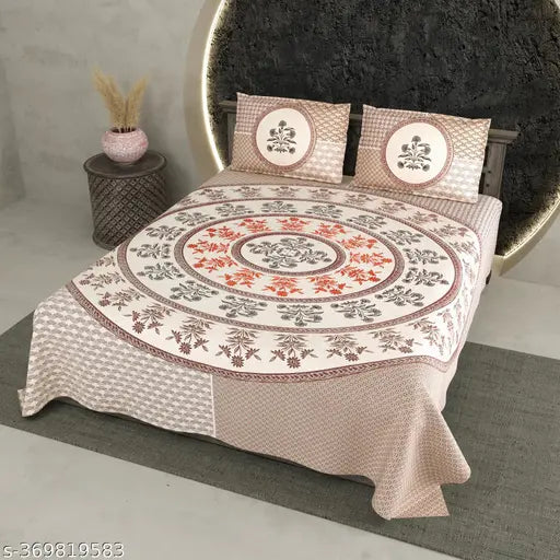 Double cotton bedsheet, 90*108 inches by Qfab Pari Creations. Ethnic motifs on fine quality flat sheets with 2 pillow covers. Ideal for summer, adult use from Bombay Dyeing
