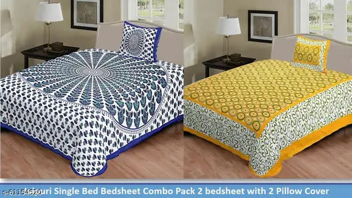 Cotton Jaipuri bedsheets & pillow covers (2 sets), fine quality Indian-made flat sheets, 160 thread count