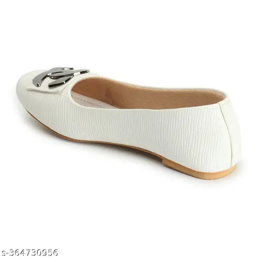 White synthetic bellies, buckle-fastened flat ballet shoes for women. Indica sizing available. Made in India