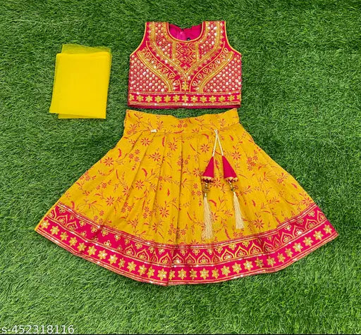Cotton Silk Kids Lehenga Choli (upto 10 years), floral embroidered with net dupatta, Indian traditional wear for toddlers
