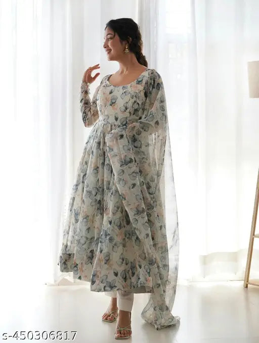 Georgette Delta Grey & White Printed Net Long Sleeve Gown - Indian women's fashion on hanger