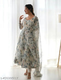 Georgette Delta Grey & White Printed Net Long Sleeve Gown - Indian women's fashion on hanger