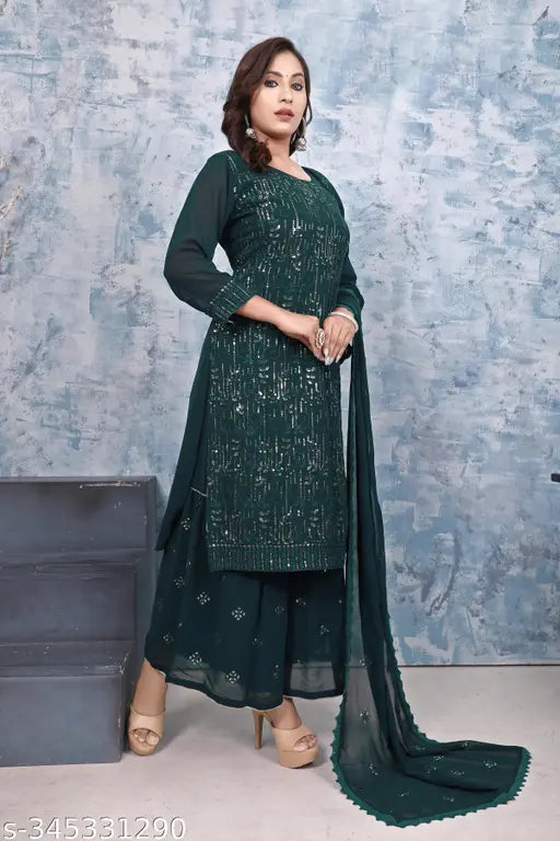 Georgette embroidered kurti set with sharara and dupatta, three-quarter sleeves, Indian women's fashion