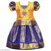 Cotton Silk Kids Girls Nila pattu Pavada Lehenga Choli with printed block stitch and short sleeves, traditional Indian attire