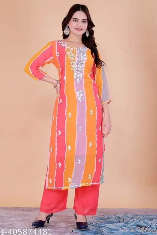 White Chikankari embroidered georgette kurta, three-quarter sleeves, palazzo bottoms. Timeless elegance for women's everyday or special occasions. India origin