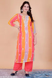 White Chikankari embroidered georgette kurta, three-quarter sleeves, palazzo bottoms. Timeless elegance for women's everyday or special occasions. India origin
