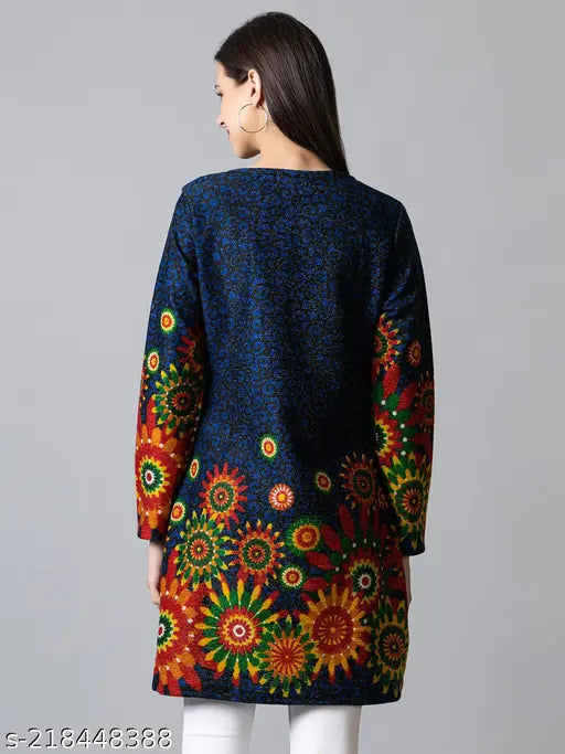 Long-sleeve printed wool A-line kurta for women, vibrant Indian design on Solzeiq brand