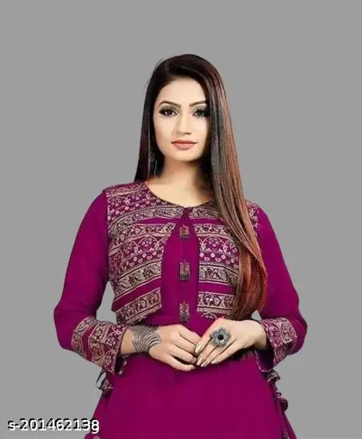 Maroon rayon Anarkali kurti with lace border, three-quarter sleeves, perfect for women's party wear