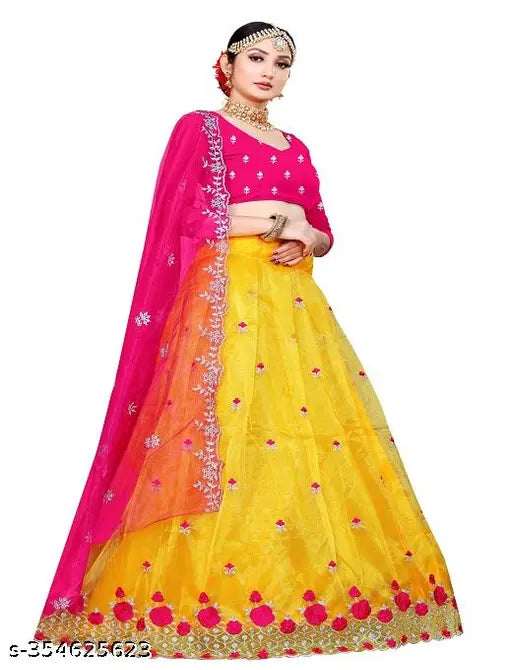 Embroidered Dupion Silk & Net Semi-Stitched Lehenga Choli with Cutwork Border and Free Size, India