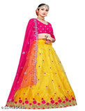 Embroidered Dupion Silk & Net Semi-Stitched Lehenga Choli with Cutwork Border and Free Size, India