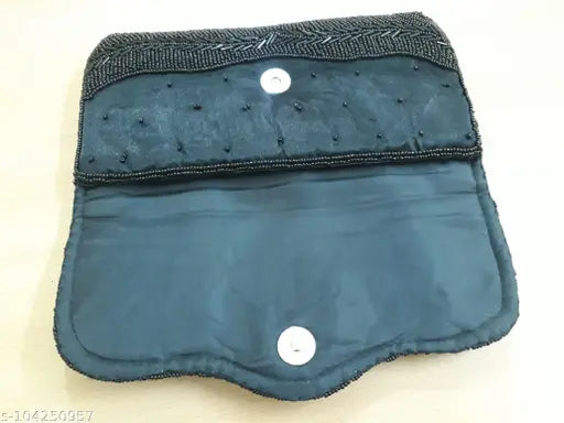Black beaded fabric clutch, embroidered net pattern, free size, Indian-made handbag