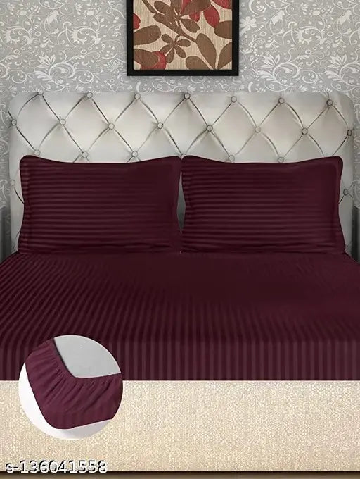 Glace Cotton, striped king-size satin double bedsheet with elastic & 2 pillow covers - summer-ready fitted bedding, country of origin: India