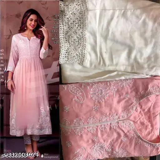 Embroidered rayon kurta set with matching pants, intricate net design, single size available from S-XXXL, Indian handcraft on display