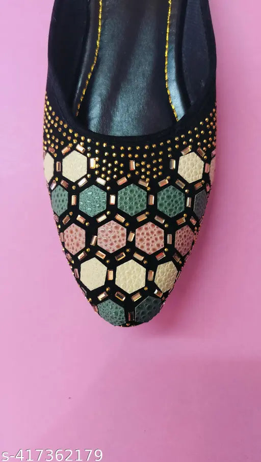 Black synthetic Jaipuri Rajasthani mules slippers, open-back design, Indian ethnic flats on display