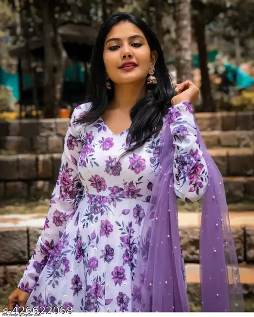 Women's white silk gorgetee gown with net dupatta, printed pattern on three-quarter sleeves, multiple sizes available (S-XXXXL), Indian origin