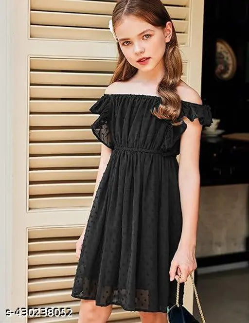 Stretchy Georgette Girls Swiss Dot A-line dress, 3-12 years, sleeveless, ruffle sleeve, casual wear