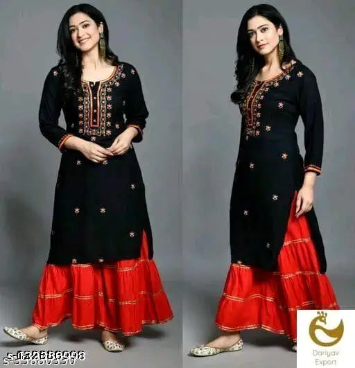 Rayon slub embellished combo kurti set, three-quarter sleeves, Indian women's fashion, CMC REYON KURTI SARARA sizes M, L, XL, XXL