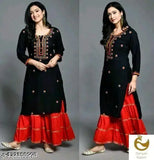 Rayon slub embellished combo kurti set, three-quarter sleeves, Indian women's fashion, CMC REYON KURTI SARARA sizes M, L, XL, XXL