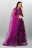 Purple net embroidered Apnisha Lehenga Choli, quirky dupatta with butterfly pattern, semi-stitched up to 42 inch waist
