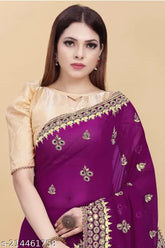 Purple Georgette saree with embroidered blouse and satin silk running blouse, premium quality Indian handloom
