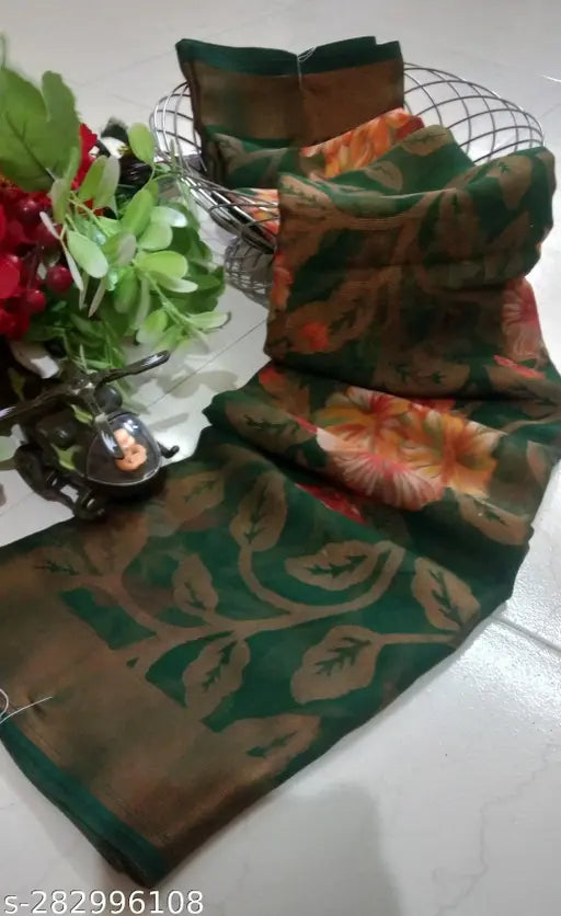 Women's designer chiffon Brasso floral printed saree for party wear, soft and smooth chiffon with contrast border, pallu, and blouse. Premium quality and beautiful floral print. Chiffon Brasso saree, popular in South Indian states