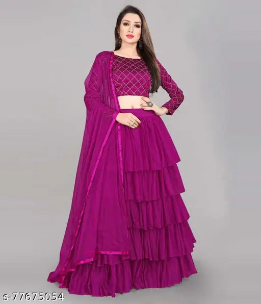 Fancy net lengha choli set: satin top, net bottom & dupatta, free size, Indian traditional attire