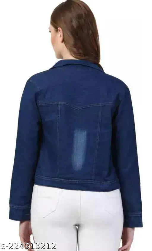 Denim women's XXL jacket, classy and feminine. Solid pattern, long sleeves, from A K Garments. Made in India." (125 characters)