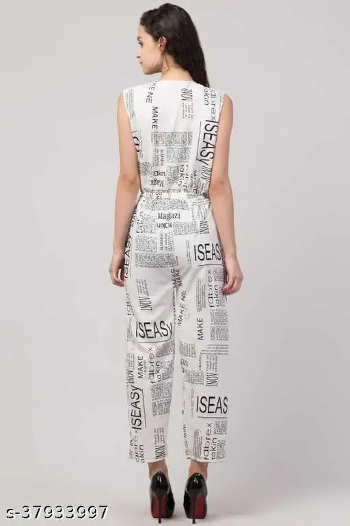 White crepe jumpsuit with newspaper print, anti-wrinkle, breathable, eco-friendly fabric from 69 Fashion Street