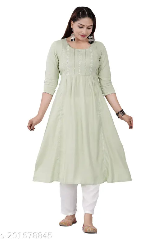 Viscose rayon embroidered kurta, solid combo in three-quarter sleeves - Siddhanam women's flared outfit from India