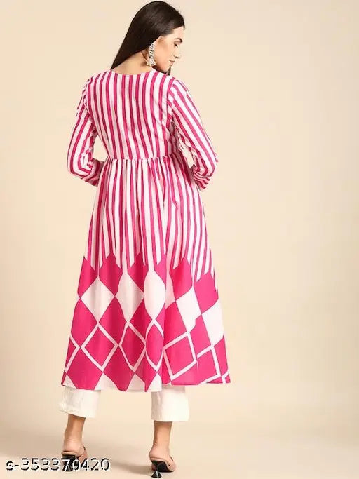 Pink rayon long Anarkali kurta with three-quarter sleeves, intricate embroidery, and a printed combo for women and girls. Perfect for special occasions or festivities. Handcrafted in India