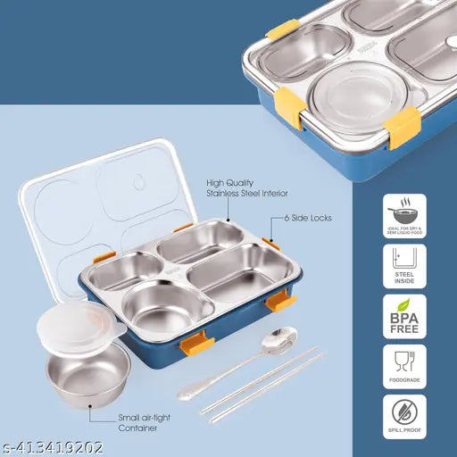 Stainless steel, 4-compartment lunch box for adults and kids with cutlery (blue, 1.3L), durable, BPA-free & microwave safe for on-the-go meals, airtight lid with leak-proof outer box