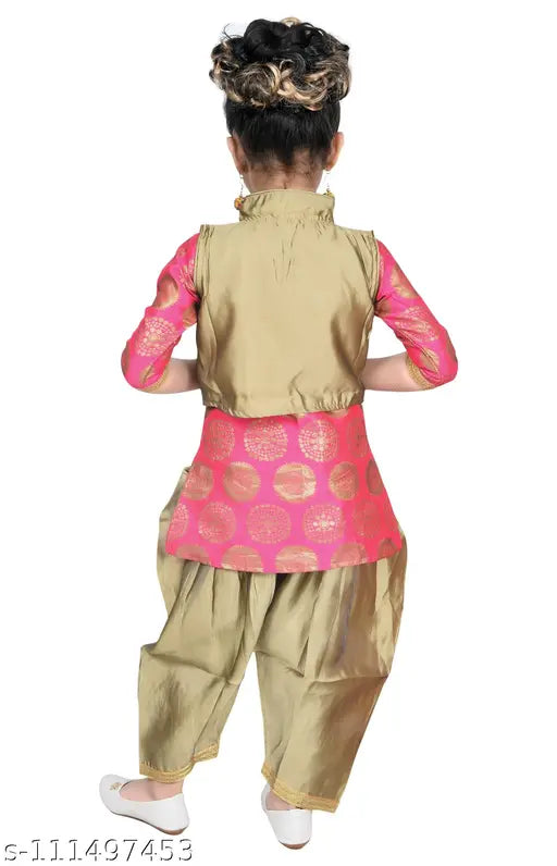 Pink cotton blend designer embroidery Patiala suit for girls, party/festive wear from Hariyal Creation. Three-quarter sleeve anarkali style top, knee length, sizes 3-4 years to 8-9 years available. Indian ethnic kids wear. Made in India