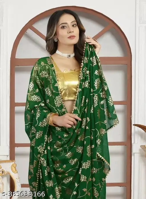 Gold foil print poly georgette saree with separate art silk blouse, Indian traditional wear