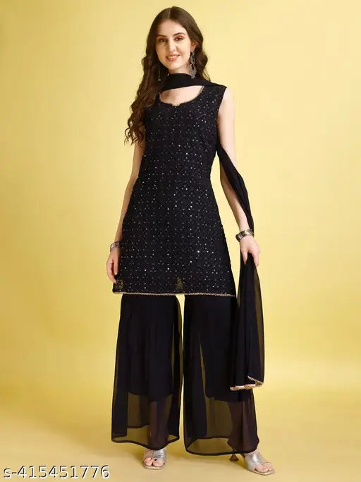 Georgette Embellished Sarara Dupata Set, Pack of 3 for beautiful women (XXL, India)