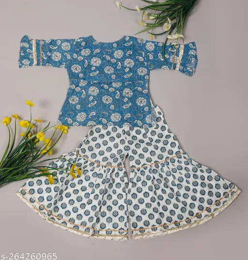 Cotton Sanganeri Printed Baby Girls Kurti with Sharara Dress, vibrant colors and Gota Patti detailing, Indian festive wear for 6 months to 6 years