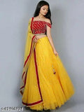 Yellow satin and net semi-stitched Lehenga Choli with embroidered patterns, featuring a lace dupatta. Indian traditional bridal wear set on display