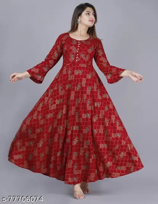 Rayon three-quarter sleeve KEKurtis, printed combo for festivals & parties. Indian women's anarkali kurti on mannequin